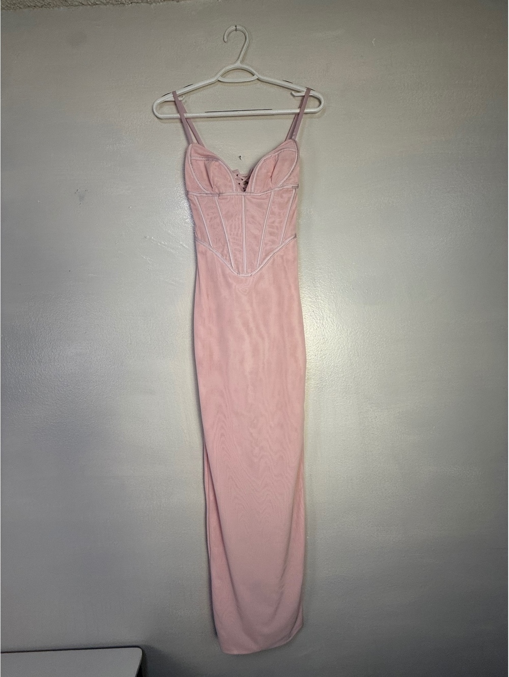 Light Pink Satin Corset Style Maxi Dress with Lace-Up Back